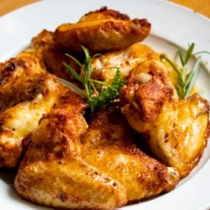 Golden-brown chicken wings garnished with fresh herbs, perfect for a tasty meal.